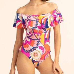 NWT Trina Turk Sevilla Ruffle One Piece Swimsuit Pink Blue Combo Women’s Size 14